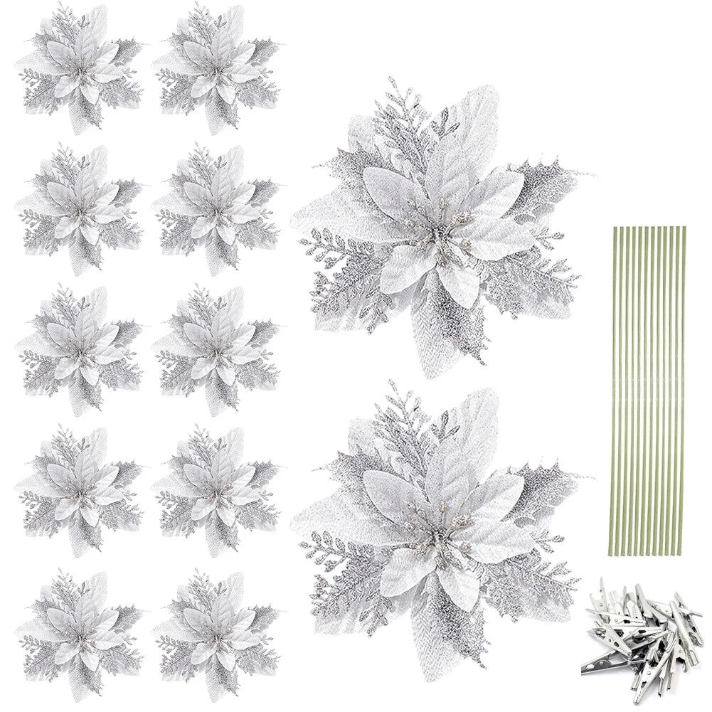 12/24/36Pcs Christmas Glitter Artificial Flowers Decorative Xmas Tree Poinsettia Flower Hanging Ornament for Stairs Window Decor