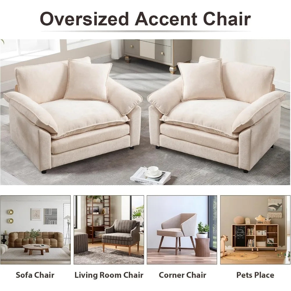 Modern Oversized Chair Set of 2, Comfy Chenille Accent Chair Large Upholstered Armchair with Extra Thick and Deep Seat Lounge