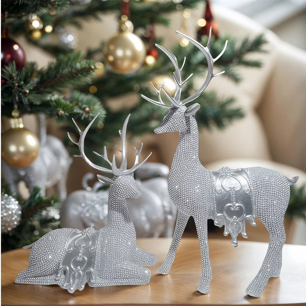 2pcs Beaded Deer Figurines Resin Christmas Reindeer Statue Set Christmas Reindeer Figurines for Christmas Holiday Decor