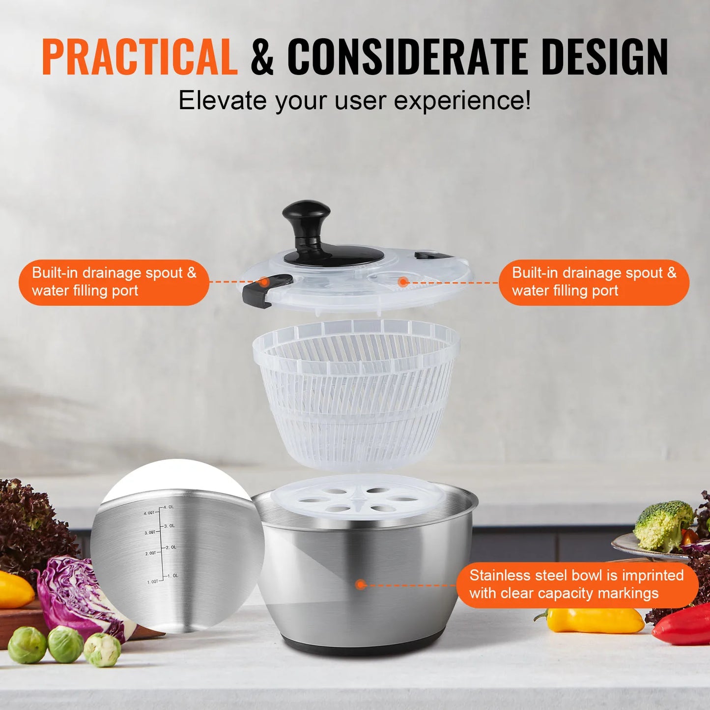 VEVOR Stainless Steel Salad Spinner 4.75Qt One-handed Easy Press Large Vegetable Dryer Washer for Greens Herbs Berries Fruits