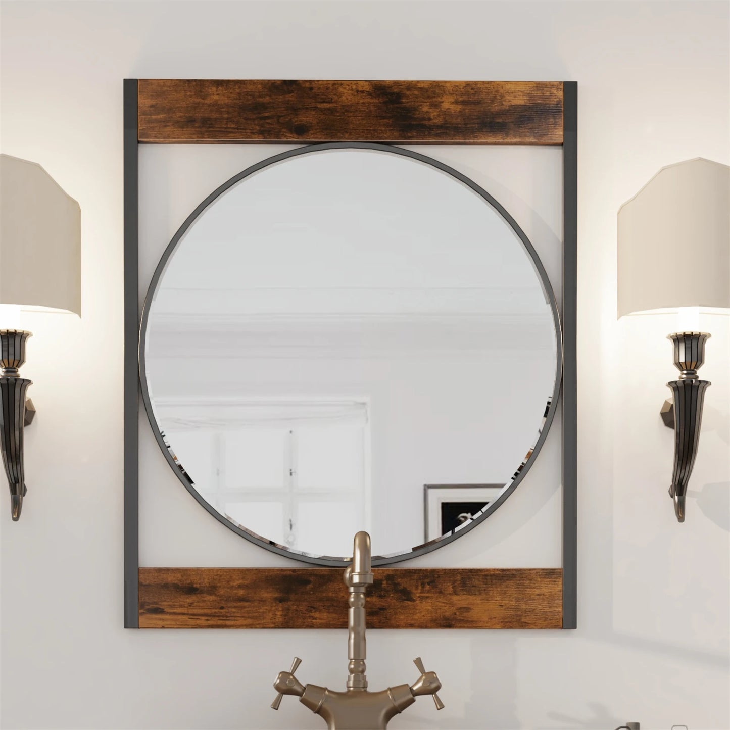 Retro Wall Mirror 57cm Round Decor Mirror with Square Wood Metal Frame Accent Mirror for Entryway Hallway Bedroom Home Decor