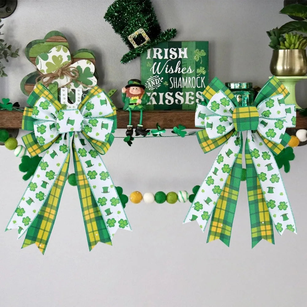 2 Pack St. Patricks Day Shamrock Bows for Door Frame Fireplace Tree Decorations - YEFIUO Clover Bows & Ribbons Decorative 8.66"*