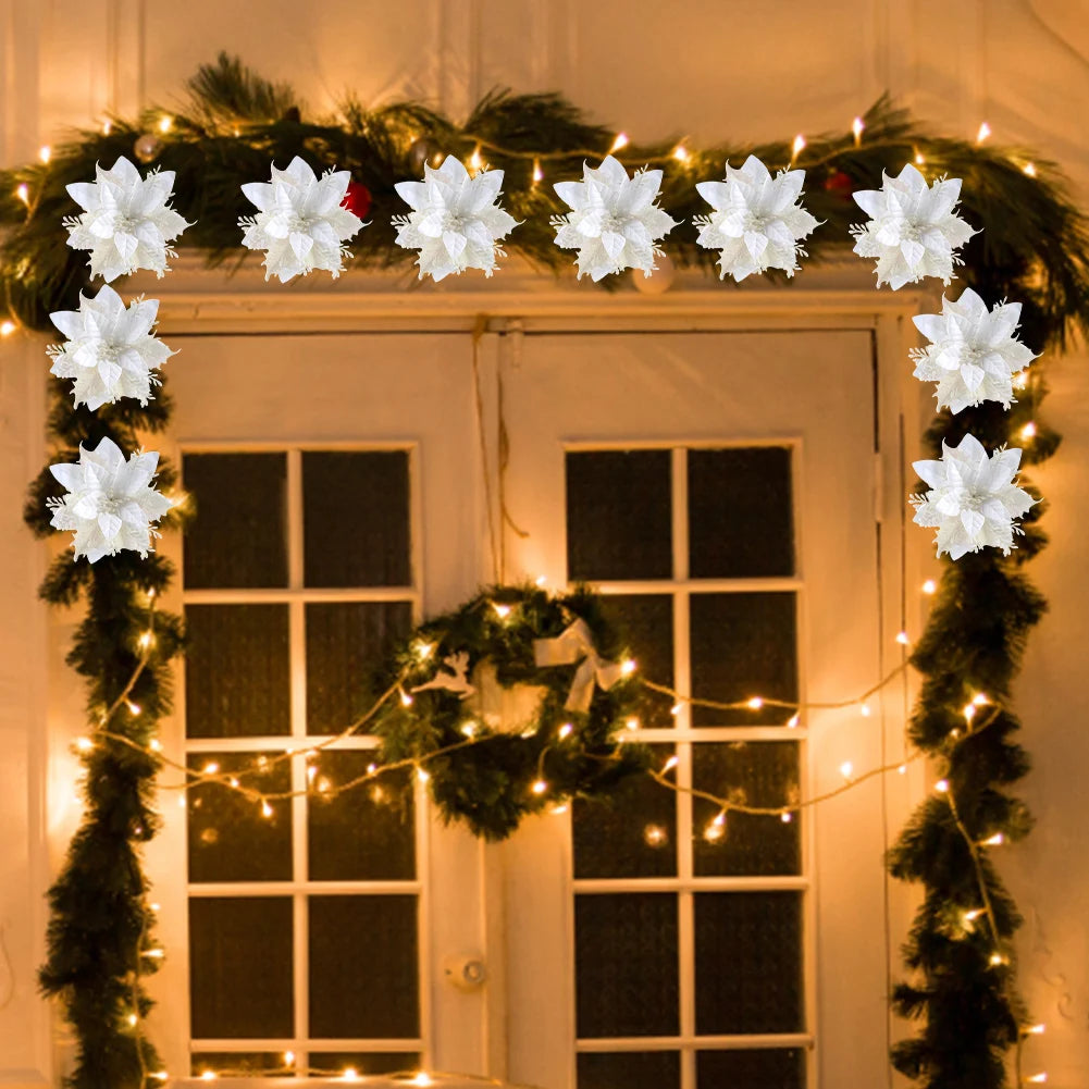 12/24/36Pcs Christmas Glitter Artificial Flowers Decorative Xmas Tree Poinsettia Flower Hanging Ornament for Stairs Window Decor