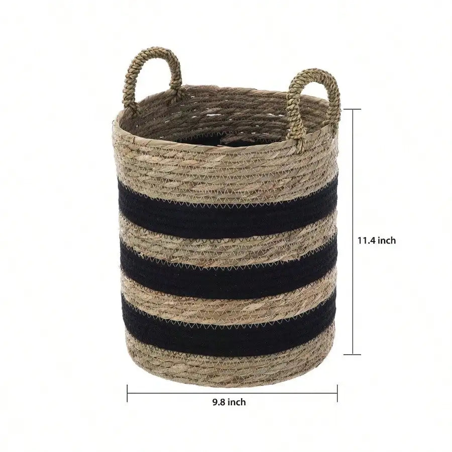 11 Black and Natural Striped Basket with Handles for Kitchen Storage Living Room Decor Rustic Style Handmade Woven Baskets