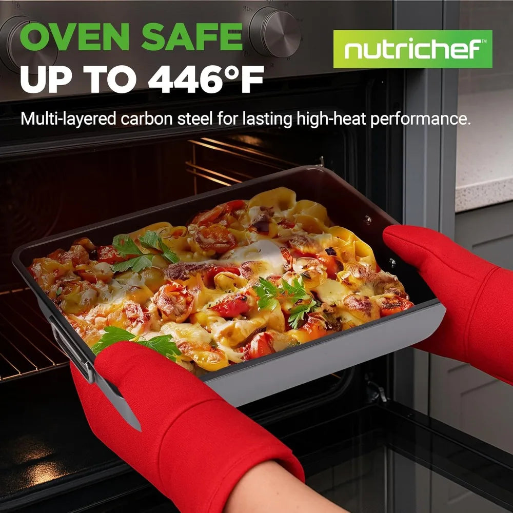 NutriChef 8-Piece Nonstick Stackable Bakeware Set – Non Toxic Carbon Steel Baking Trays W/Cookies Sheet Muffin, Loaf, Cake, Roun