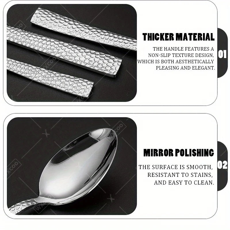 1Set 2Sets 3Sets Stainless Steel Silverware Set Creative Hammered Pattern Tableware Square Handle Flatware Kitchen Cutlery