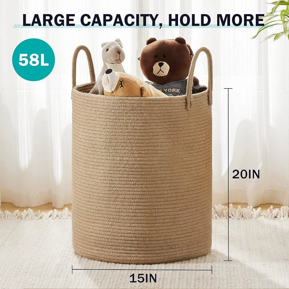 Jute Rope Laundry Hamper Basket Large Storage Clothes Blankets Toys Foldable Round Basket Tall Design with Sturdy Handles