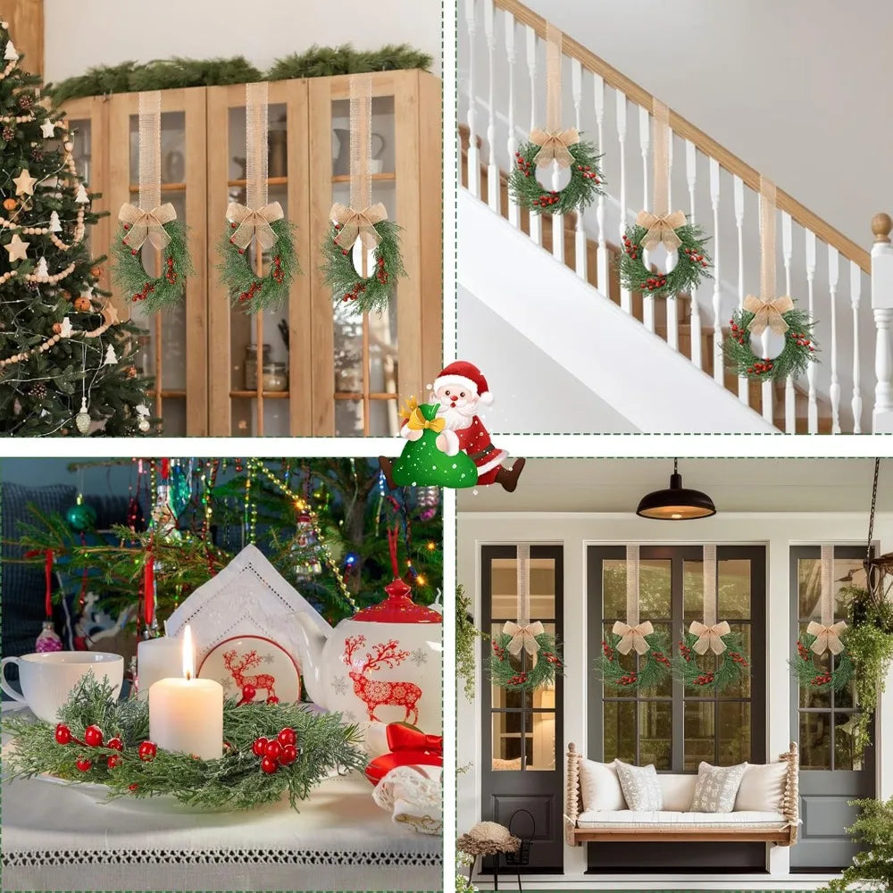 Artificial Greenery Mini Christmas Wreaths - 12 Pack, 9 Inch Small Kitchen Cabinet Decorations with Plaid Bow Ribbons, Hanging H