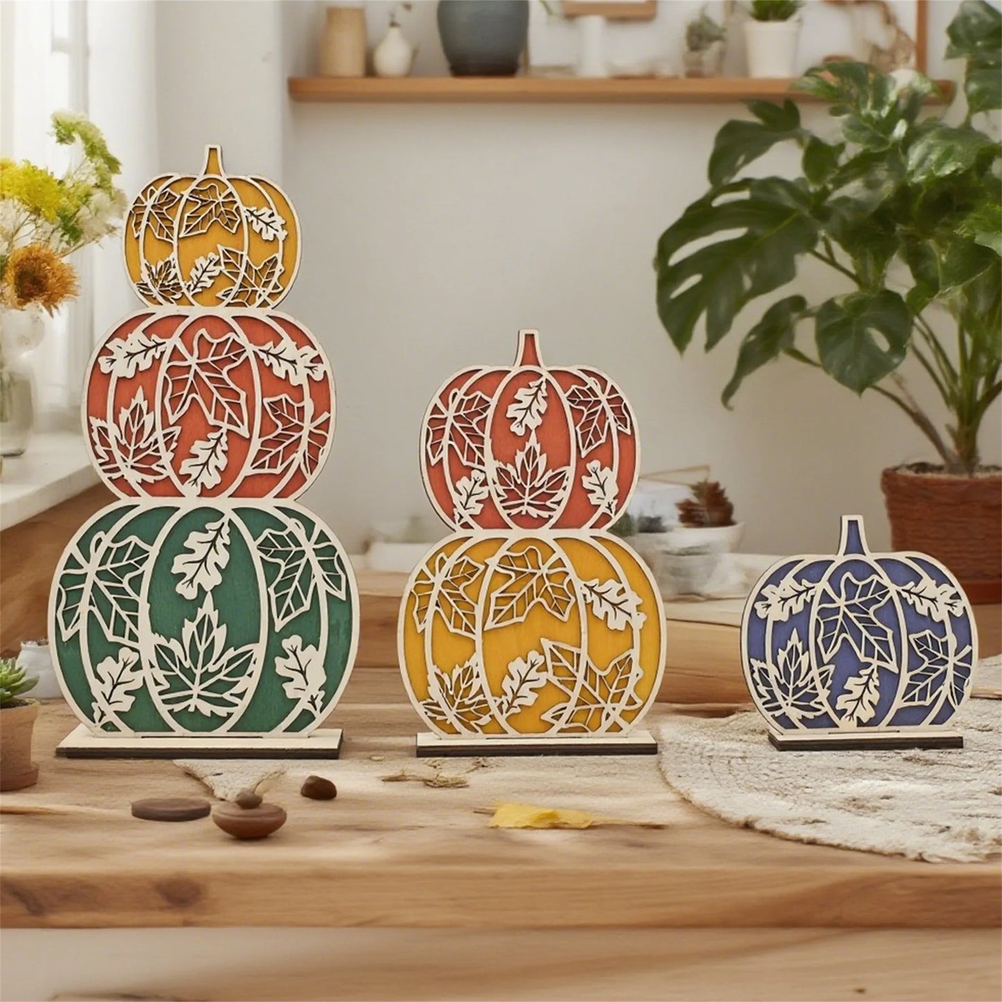 Thanksgiving Harvest Decor 3 Piece Set Rustic Wooden Pumpkin Table Centerpiece Fall Home Holiday Decoration