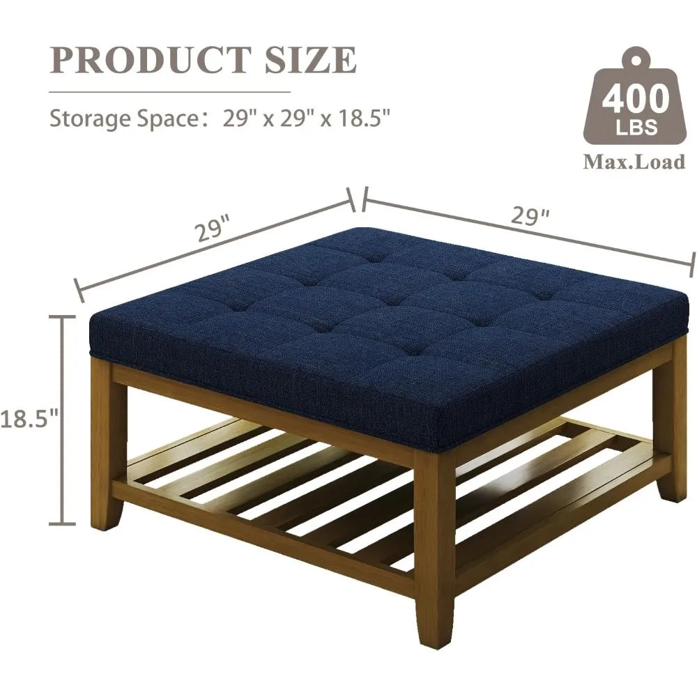 Large Square Ottoman Coffee Table, Linen Solid Upholstered Footrest Ottoman with Solid Wood Shelf Storage Tufted Coffee Table fo