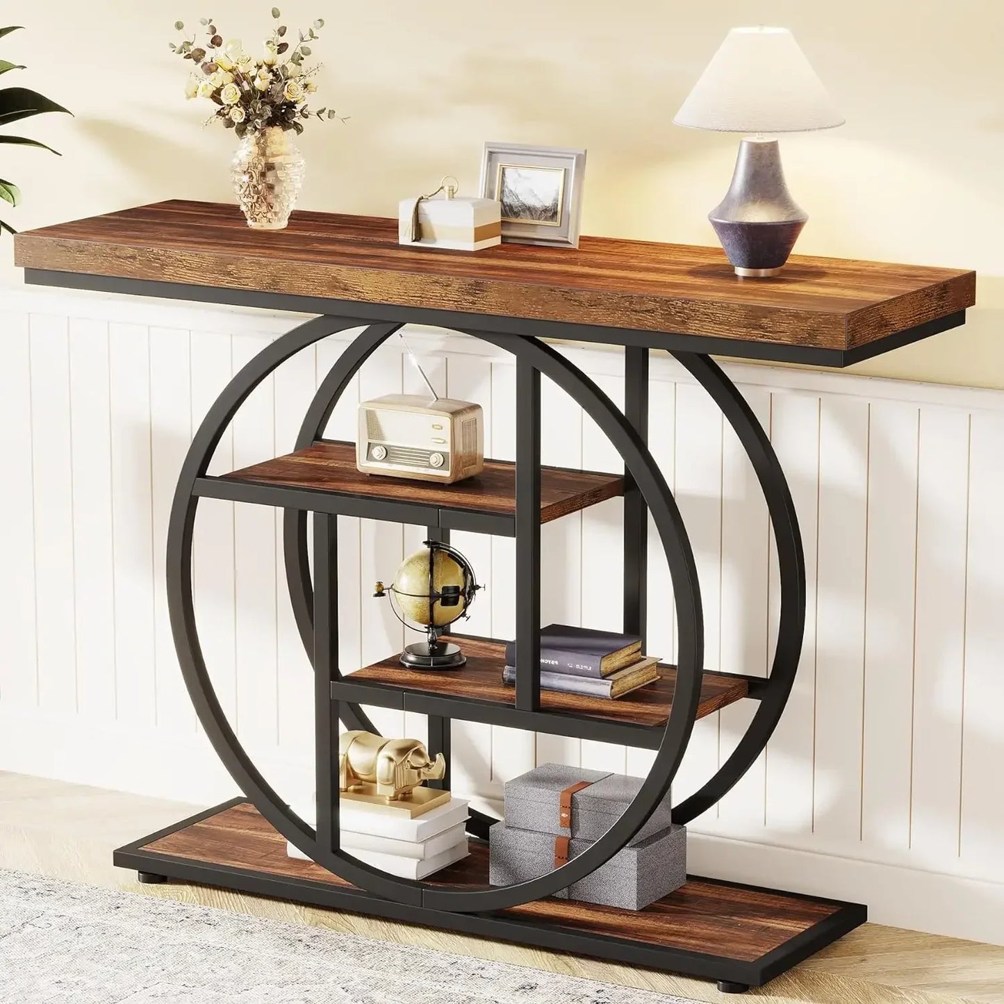 Customizable 41.3" Console Table, Industrial 4-Tier Sofa Table Entryway Table With Circle Base