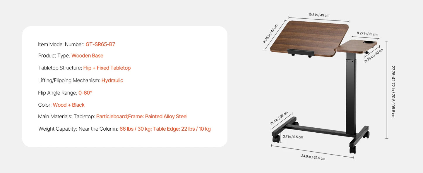 VEVOR Overbed Table Mobile Bed Side Table w/ Swivel Casters Height & Angle Adjustable Rolling Laptop Desk for Home Office Study