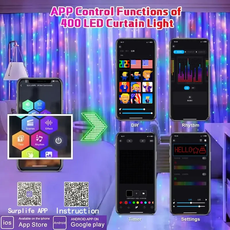 GCTECHING Christmas LED Smart Curtain Lights Room App DIY RGB Fairy Lights Music Window Strip Lights Home Room Decoration