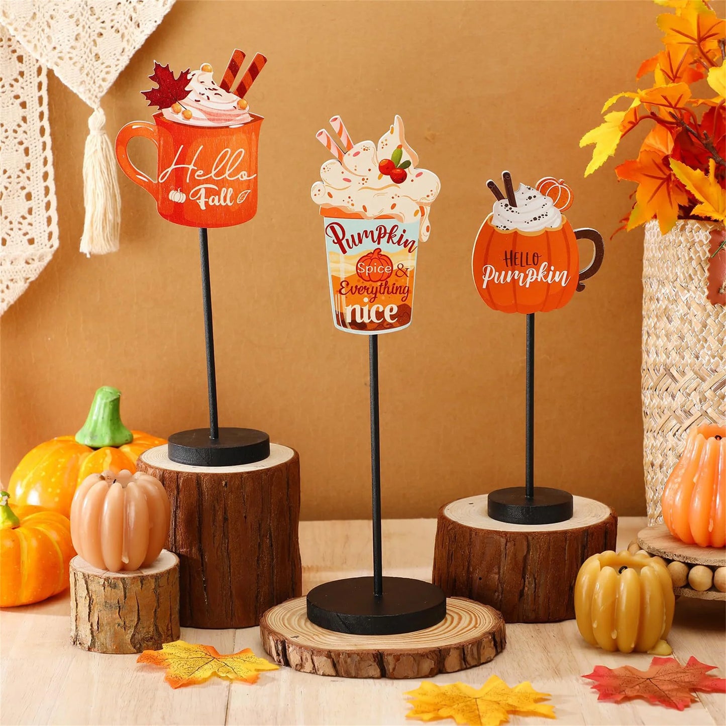 Thanksgiving Harvest Wooden Table Decor Set with Pumpkin Mugs Sign and Centerpieces for Fall Coffee Bar and Indoor Ornament