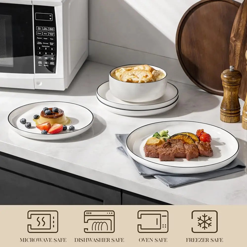 Plates And Bowls Sets, 12 Pieces Modern Porcelain Dinnerware Set For 4 White Kitchen Dinner Dining Ware Set Wtih Bla Rim