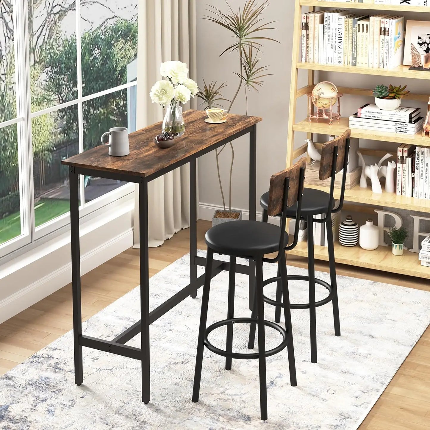 Bar Table and Chairs Set, Counter Height Dining Table & 2 PU Upholstered Stools with Backrest, Industrial 3 Piece Breakfast Bar