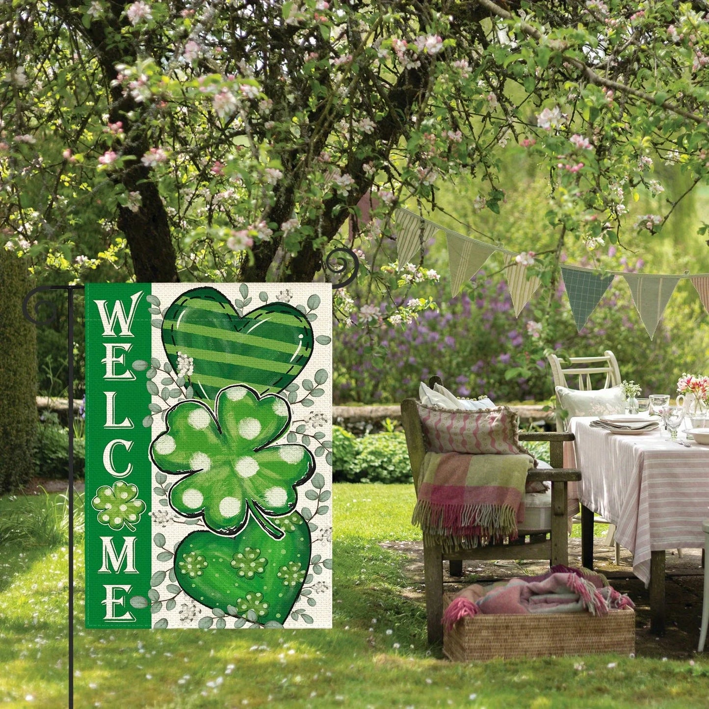 St. Patrick's Day Welcome Garden Flag - 12x18 Inch, Dual-Sided Durable Polyester, Heart & Clover Design for Outdoor Patio Decor,