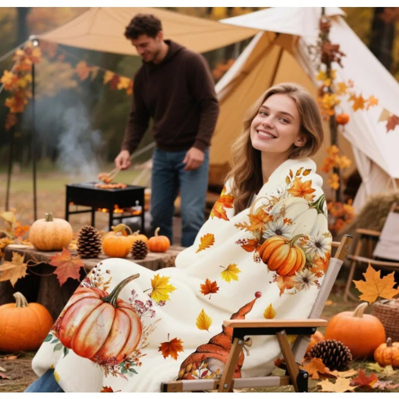 Fall Pumpkin and Gnome Throw Blanket, Fall Maple Leaf Blanket, Fall Themed Thanksgiving Farmhouse Home Decor Gift