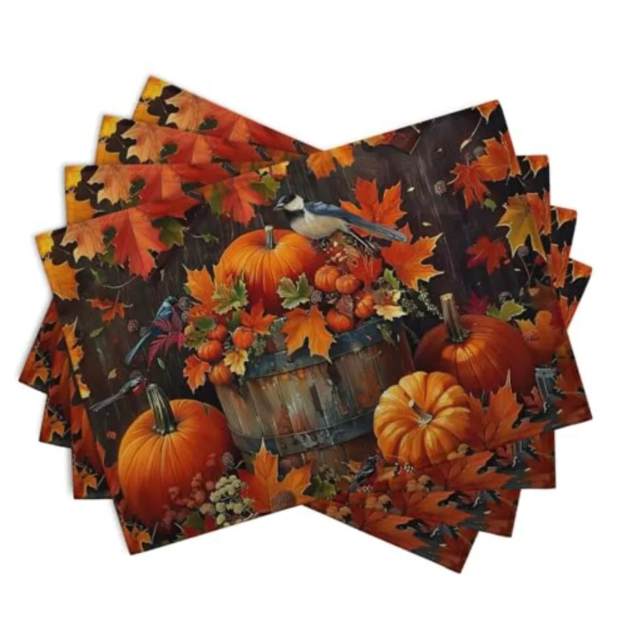 Pumpkin Maple Leaf Bird Fall Placemats Set of 4 Autumn Thanksgiving Seasol Holiday Harvest Linen Table Mats Orange Brown Washab