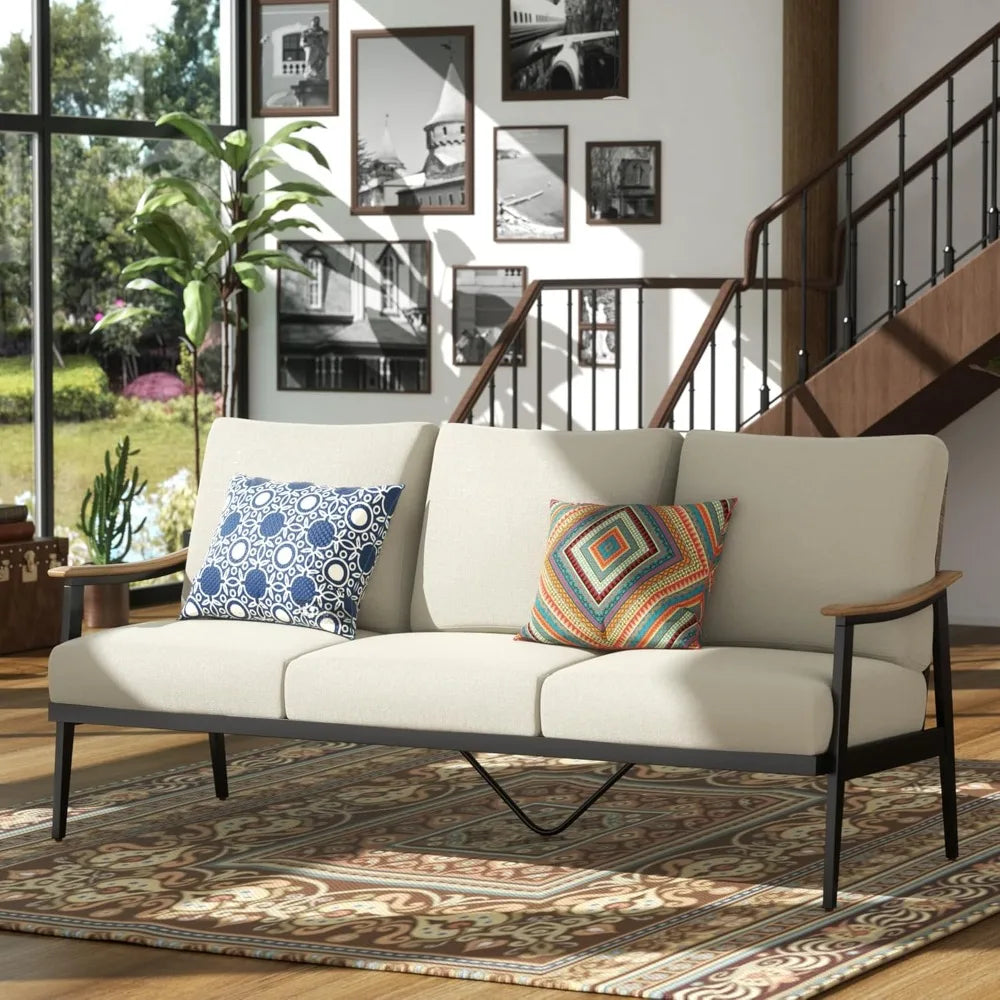 Patio Sofa Outdoor Furniture Metal Chair with Wicker Backrest & 6 Inches Cushion for Indoor, Front Porch, Deck,Balcony, Backyard