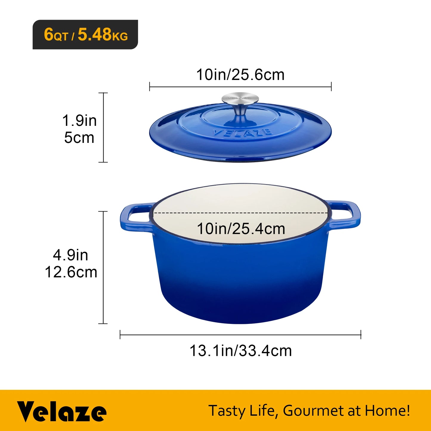 Velaze Dutch Oven 5L Cast Iron Pot with Stainless Steel Knob Lid, Naturally Non-Stick Enamelled Casserole 23cm 3 color Option