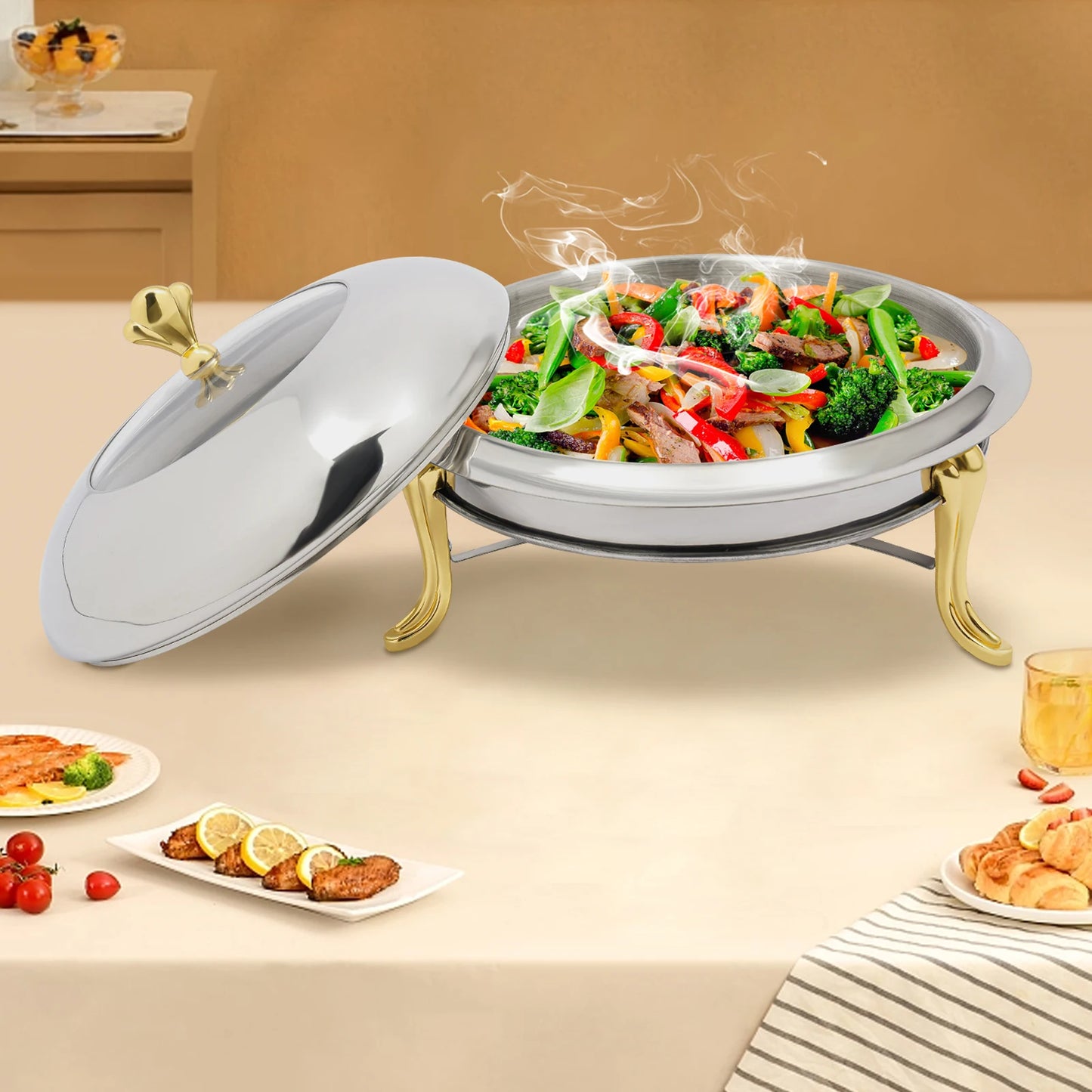 Stainless Steel Hot Pot Buffet Stove Round Without Ear, Dry Warmer Chafing Dish Kitchen Set with Glass Viewing Lid (Golden 24cm)