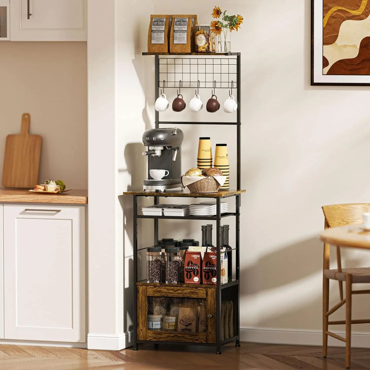 5 Tier Bakers Rack with Visual Cabinet, Coffee Bar Cabinet with 5 Hooks, 57.87”H Tall Microwave Stand for for Small Space