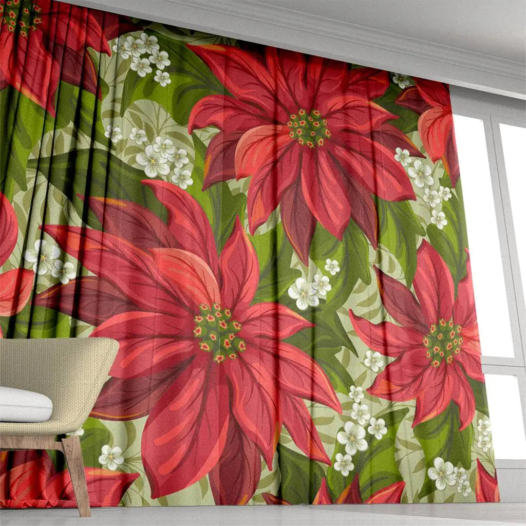 7-Day Delivery Christmas Curtain Red Christmas Wonderful Poinsettia Flower Victorian Pointsetta Rod Pocket Drapes 2 Panels