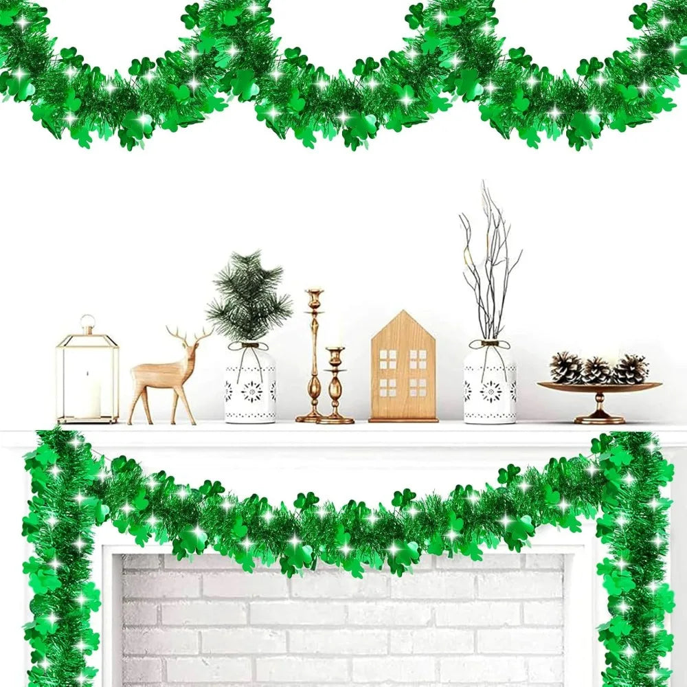 33 FT St Patricks Day Tinsel Garland St Patricks Day Decorations Shamrock Garland Clover Green Twist Metallic Hanging St Patrick