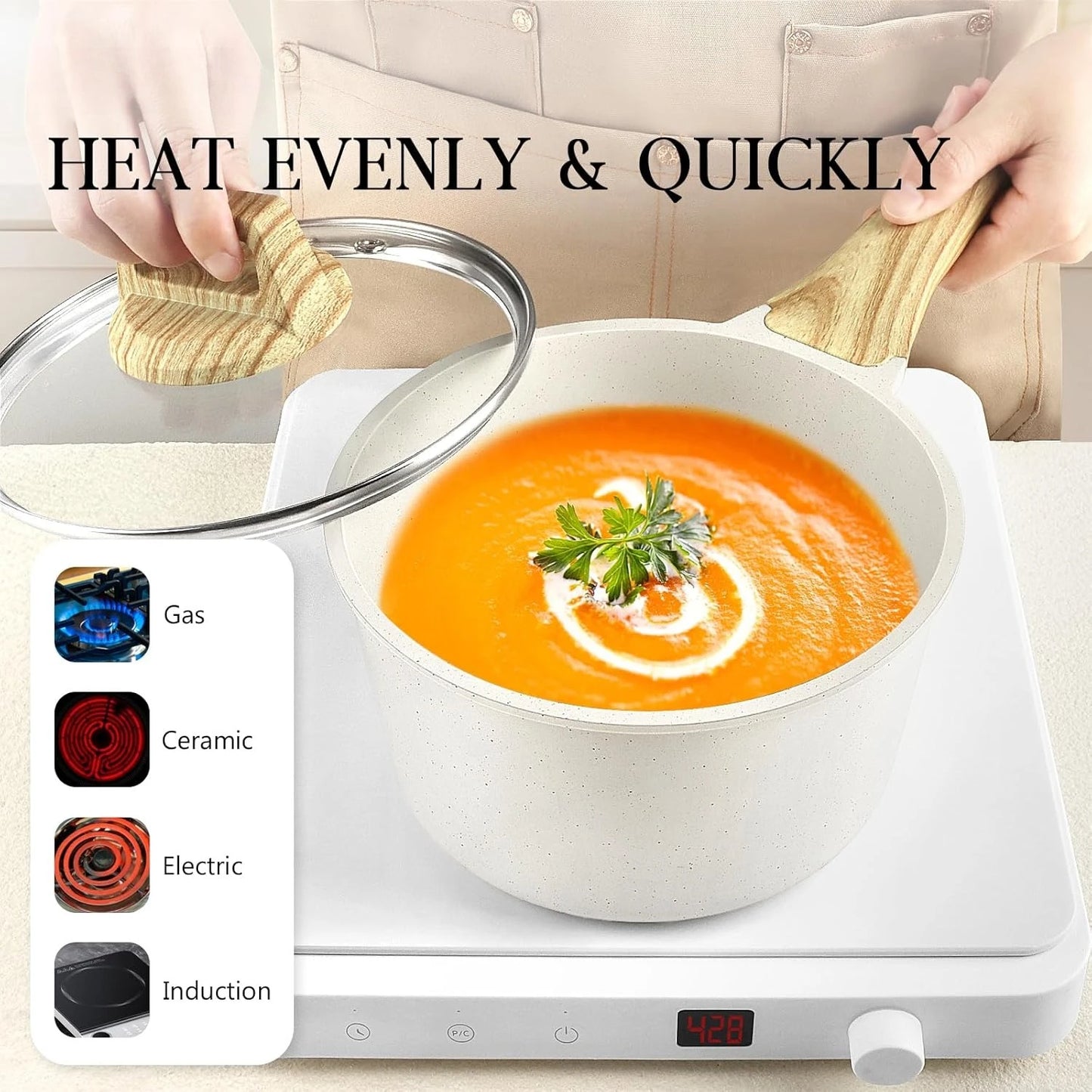 Pots and Pans Set Non Stick - 14 Pcs White Granite Kitchen Cookware Sets Nonstick Induction Cookware Cooking Pan Set ·New