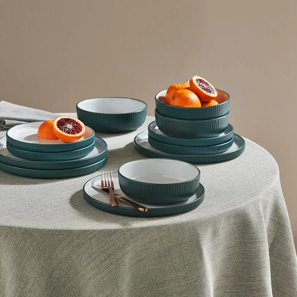 Christian Siriano Laro 12-Piece Stoneware Dinnerware Set, Plates And Bowls Set, Microwave And Dishwasher Safe, Dish Set For 4,