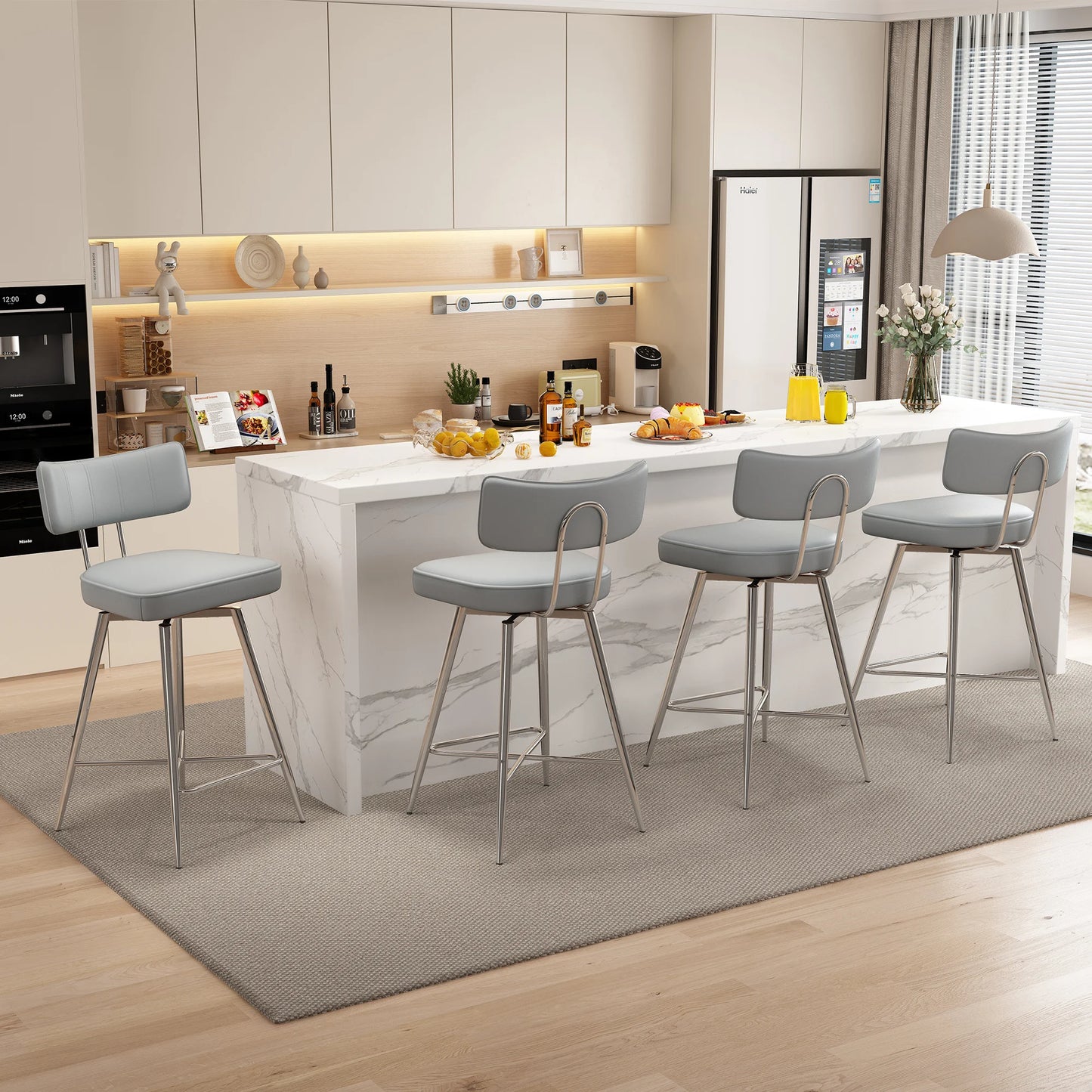 26" Swivel Barstools Set of 4, PU Leather Counter Height Bar Stools, Bar Chairs with Metal Footrest for Kitchen Island, Brown