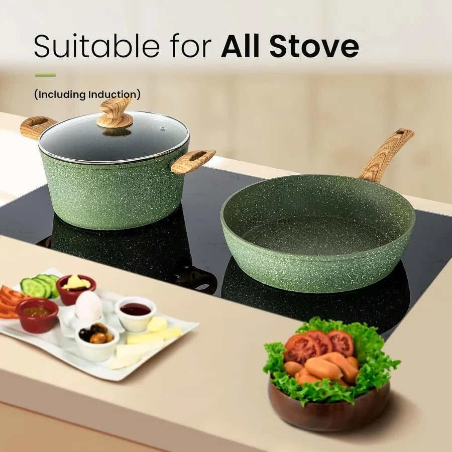 30Piece Nonstick InductionCompatible Kitchen Cookware and Bakeware Set with Green Granite Coating for Efficient and Durable Coo