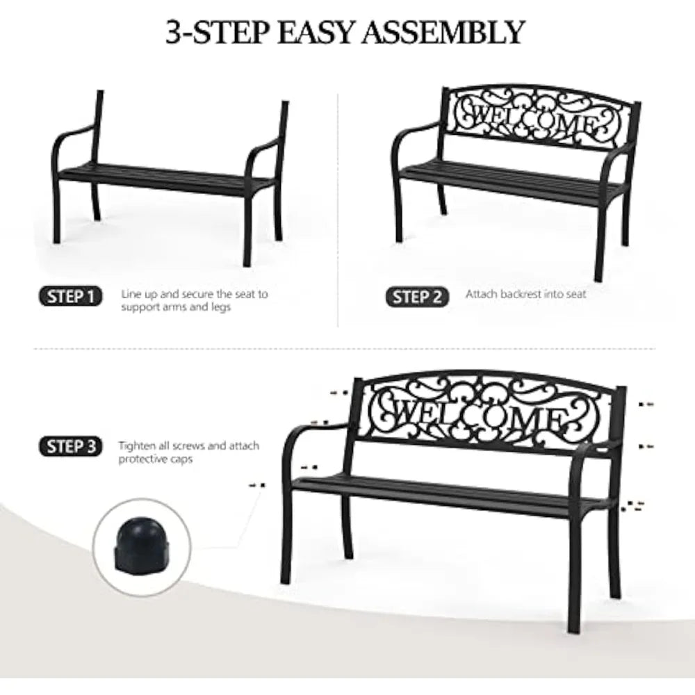 Outdoor Bench with PVC Back Pattern, Metal Garden Bench Black Steel Welcome Bench for Patio, Porch, Deck, Yard, Lawn Deco