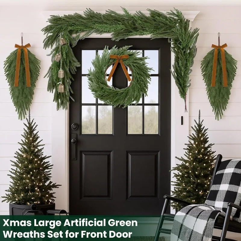 5 Pcs Christmas Greenery Decorations Set Include Artificial Cedar Garland Norfolk Pine Rustic Xmas Teardrop Swag Wreath M