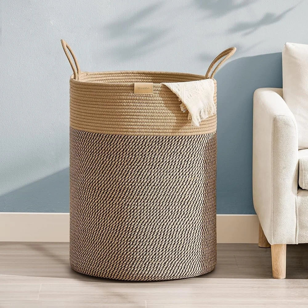 Large Laundry Hamper Woven Storage Basket Clothes Toys Decorative Cotton Rope with Handles Ideal Bedroom and Organizing