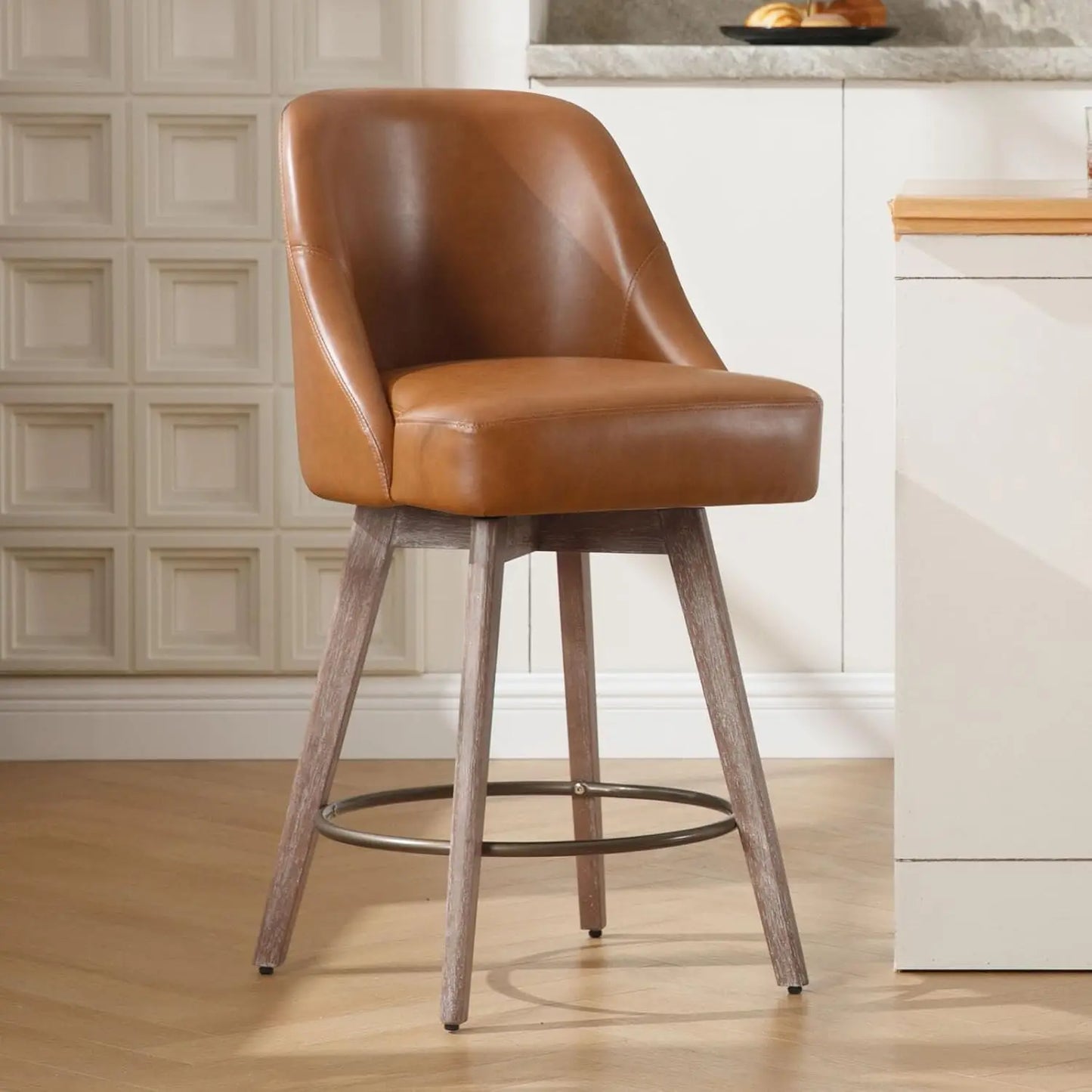 Counter Height Bar Stools Set of 2, Modern Mid-Century Swivel Barstools with Backs and Wood Legs, Linen Fabric Upholstered