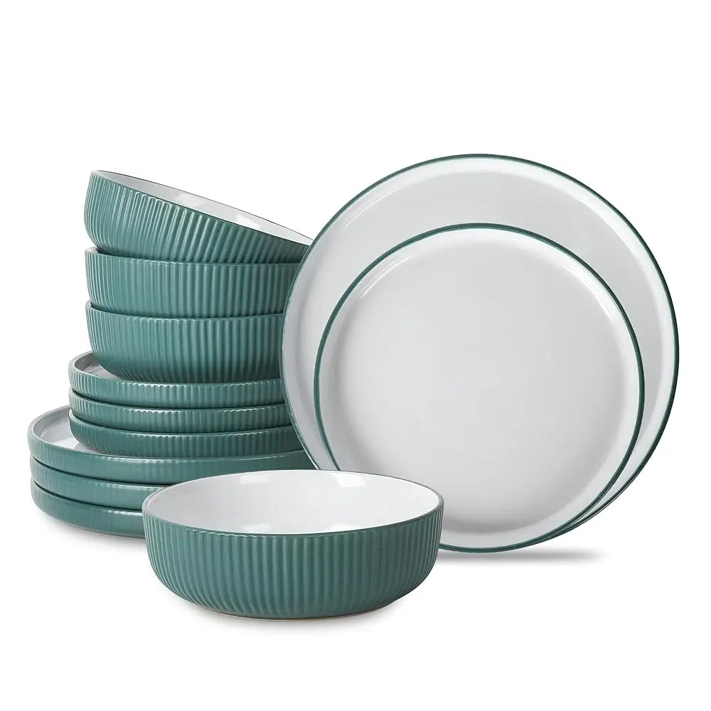 Christian Siriano Laro 12-Piece Stoneware Dinnerware Set, Plates And Bowls Set, Microwave And Dishwasher Safe, Dish Set For 4,