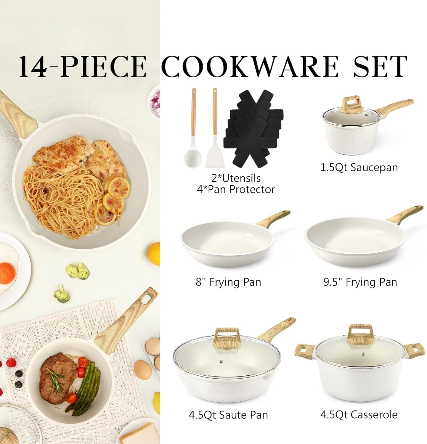 Pots and Pans Set Non Stick - 14 Pcs White Granite Kitchen Cookware Sets Nonstick Induction Cookware Cooking Pan Set ·New