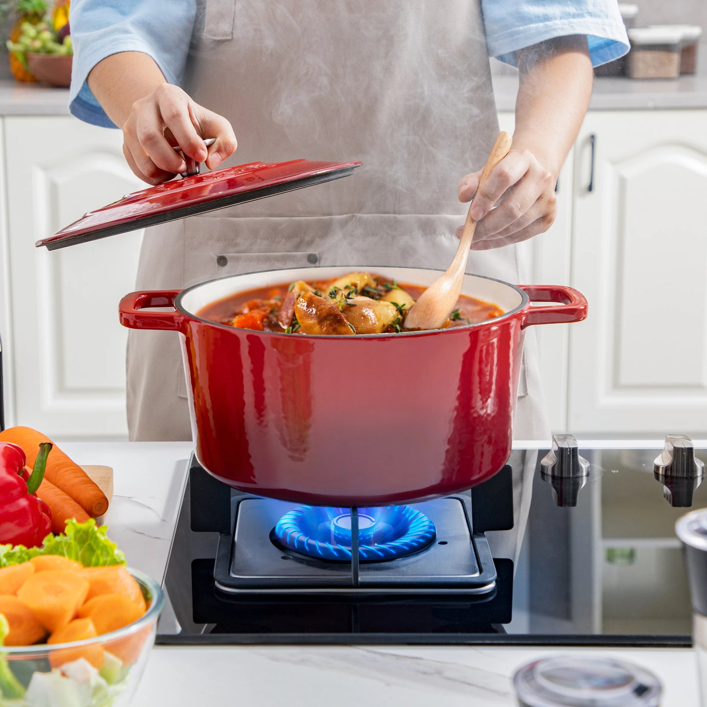 Velaze Dutch Oven 5L Cast Iron Pot with Stainless Steel Knob Lid, Naturally Non-Stick Enamelled Casserole 23cm 3 color Option