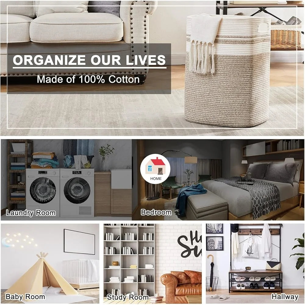 Laundry Hamper Cotton Storage Basket Collapsible Large Basket with Handles Portable Decorative Blanket Toy Organizer Living Room
