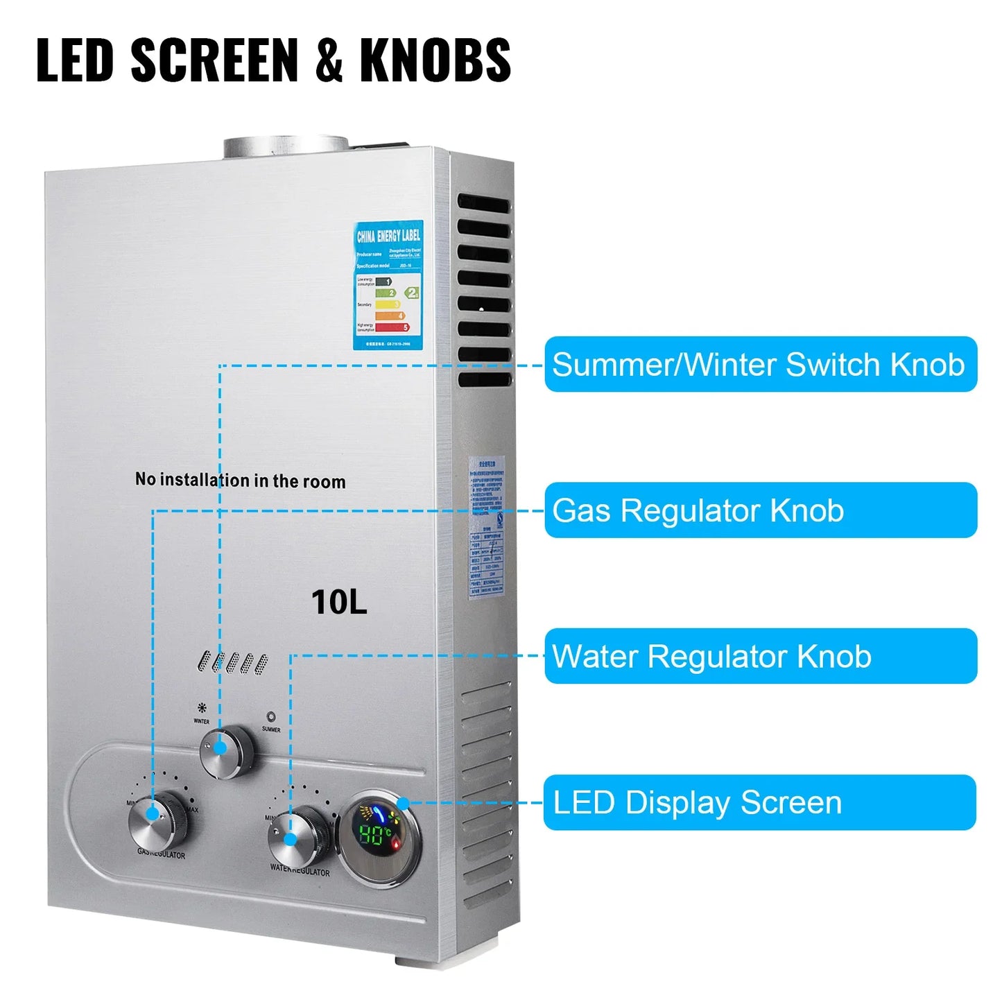 VEVOR Gas Water Heater LPG Hot Water Heater Stainless Steel Tankless Propane Gas LPG Boiler Home Appliance 6L-18L