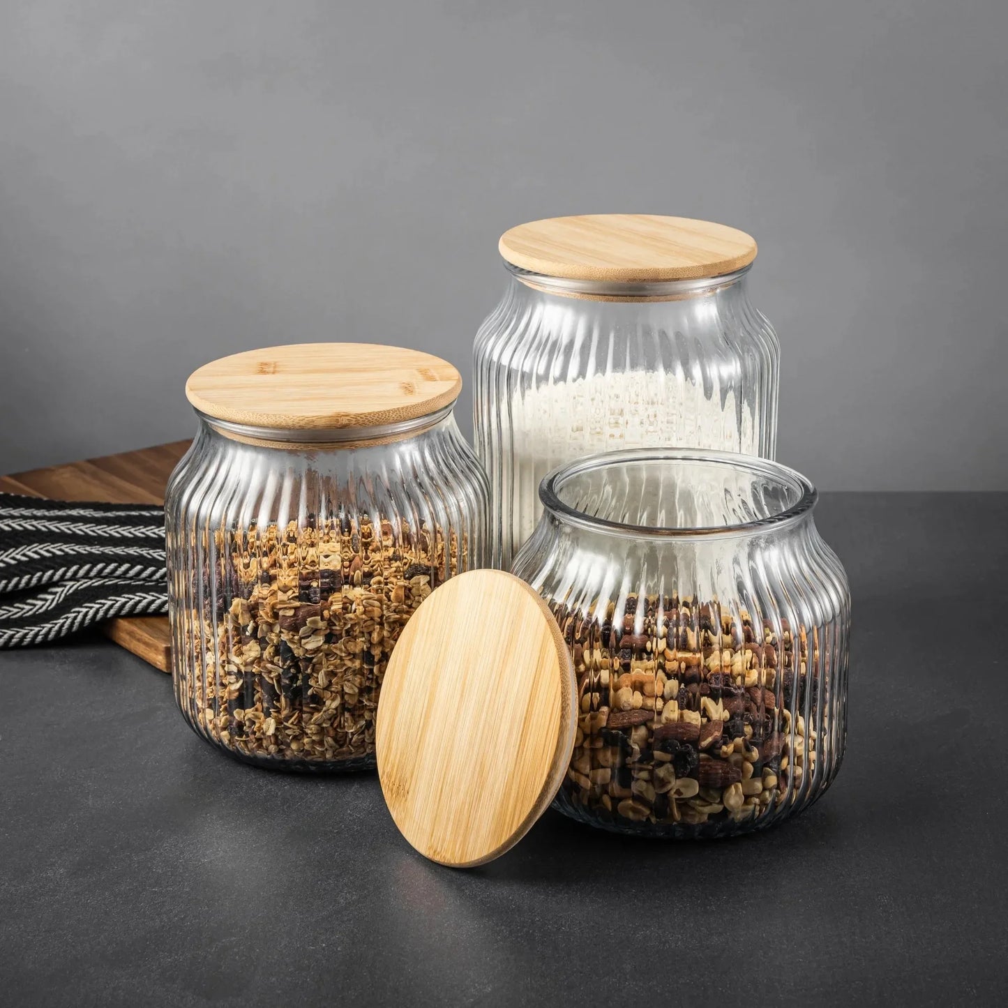 Thyme & Table Large (3 L) Ribbed Glass Kitchen Organization Jar with Bamboo Lid, Clear