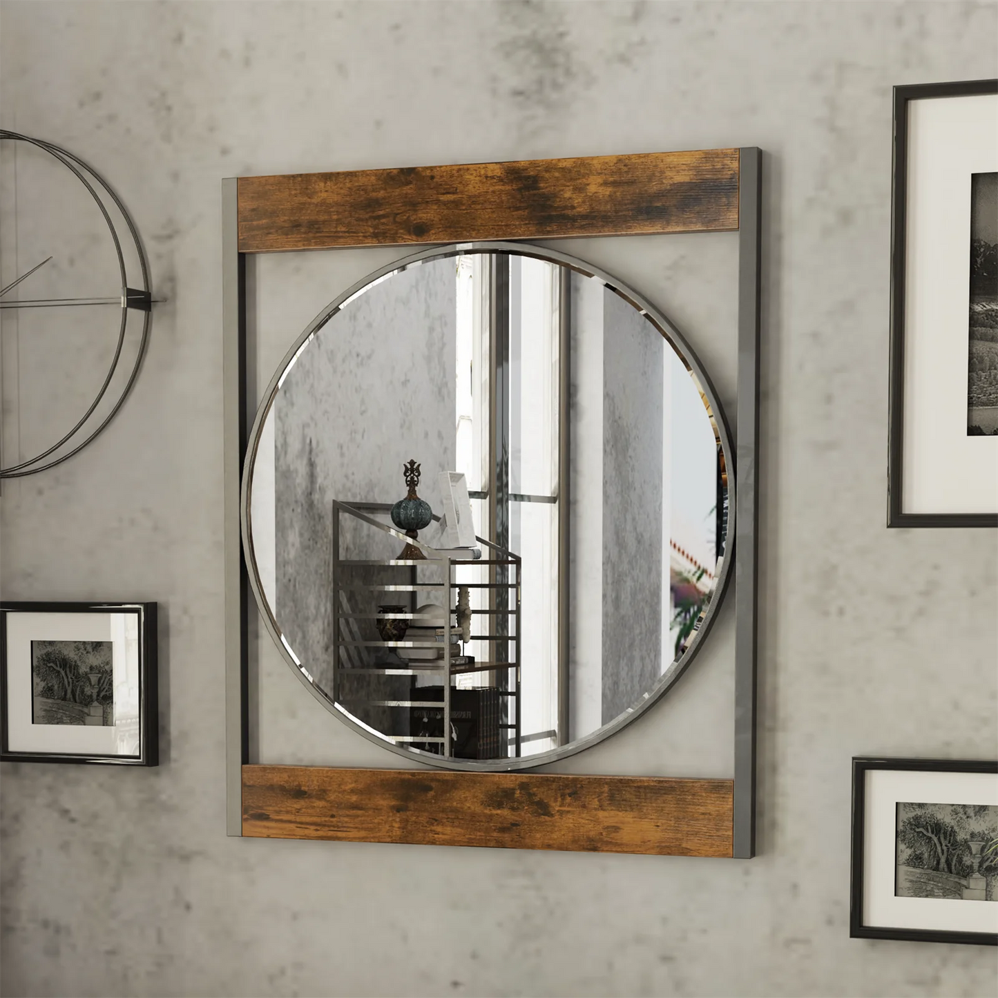 Retro Wall Mirror 57cm Round Decor Mirror with Square Wood Metal Frame Accent Mirror for Entryway Hallway Bedroom Home Decor