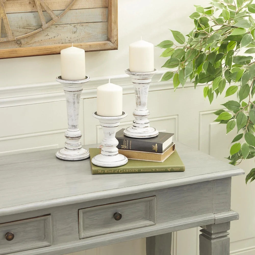 Set of 3 White Wood Candle Holders Tapered Design Rustic Decor Centerpiece Indoor Use Home Accents Solid Mango Wood