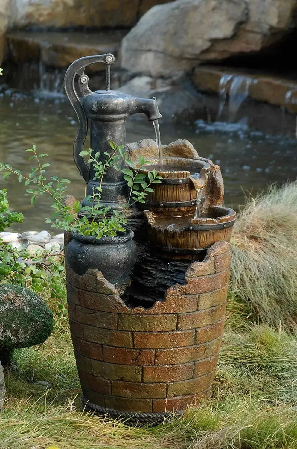 XMSJ-Glenville Water Pump Cascading Water Fountain, Brown/Black