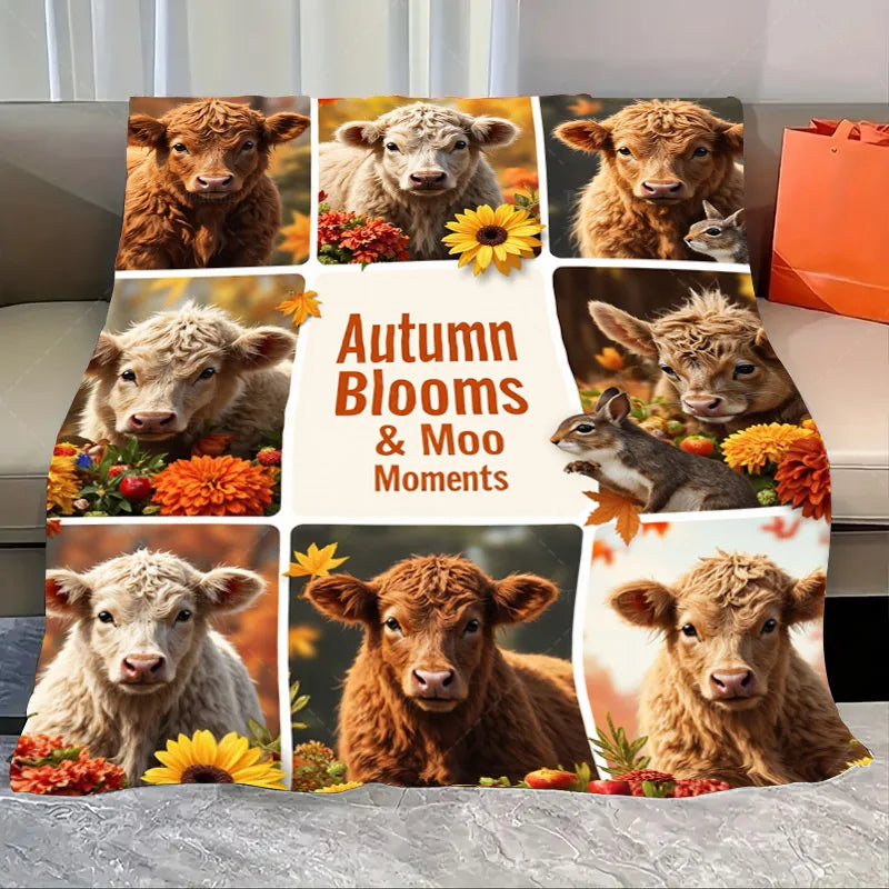 1pc Flannel Blanket Cozy Farmhouse Cow Blanket with Sunflowers and Scarf Design
