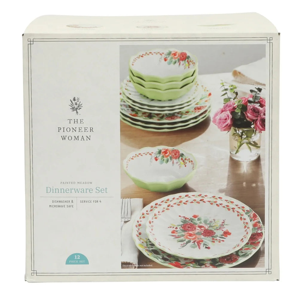 Painted Meadow 12-Piece Ceramic Dinnerware Set Vibrant Floral Dinner Plates Salad Bowls Vintage Inspired Dishwasher Safe Durable