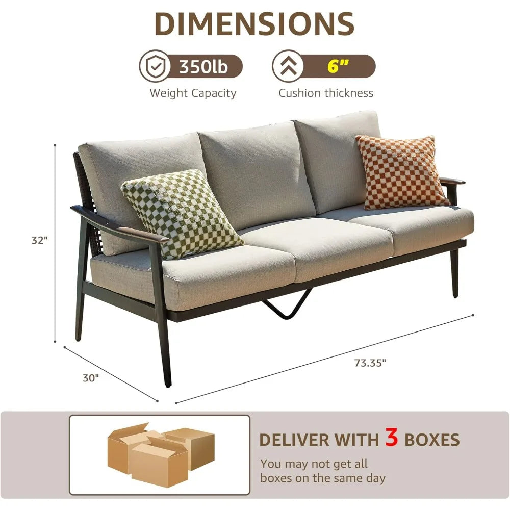 Patio Sofa Outdoor Furniture Metal Chair with Wicker Backrest & 6 Inches Cushion for Indoor, Front Porch, Deck,Balcony, Backyard