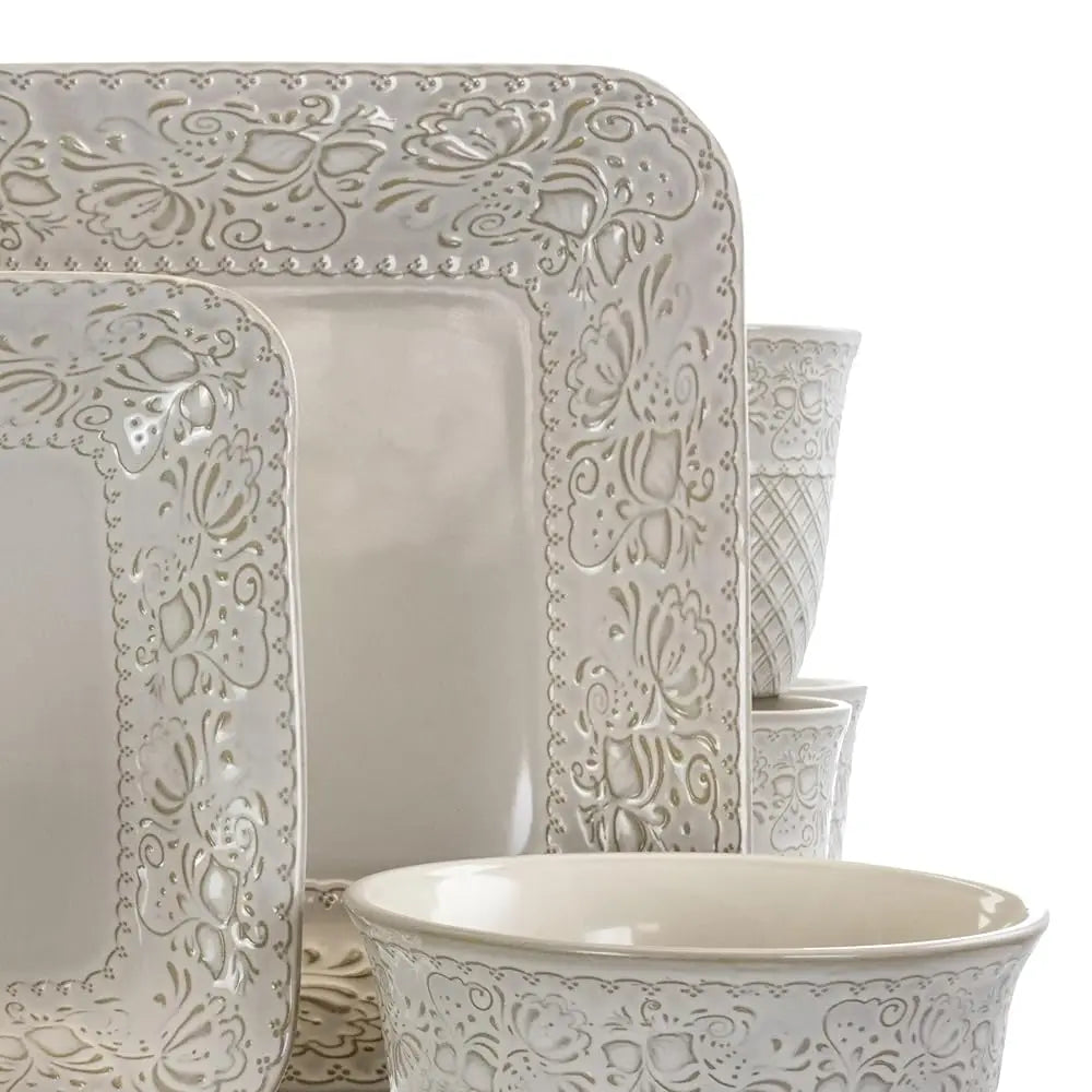 Ivory Lotus 16 Piece Square Dinnerware Set